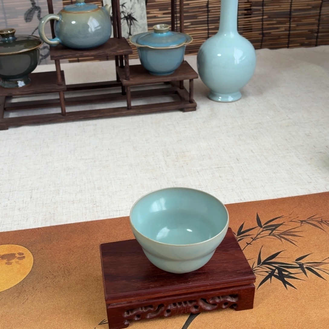 陶摆件仿古天青葫芦杯