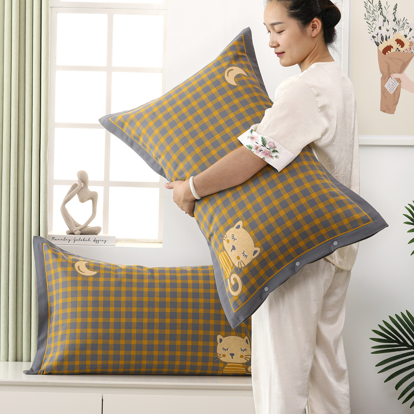 纱布纯棉枕套一对装成人枕头套加大加厚按扣四季枕芯套枕套一对装