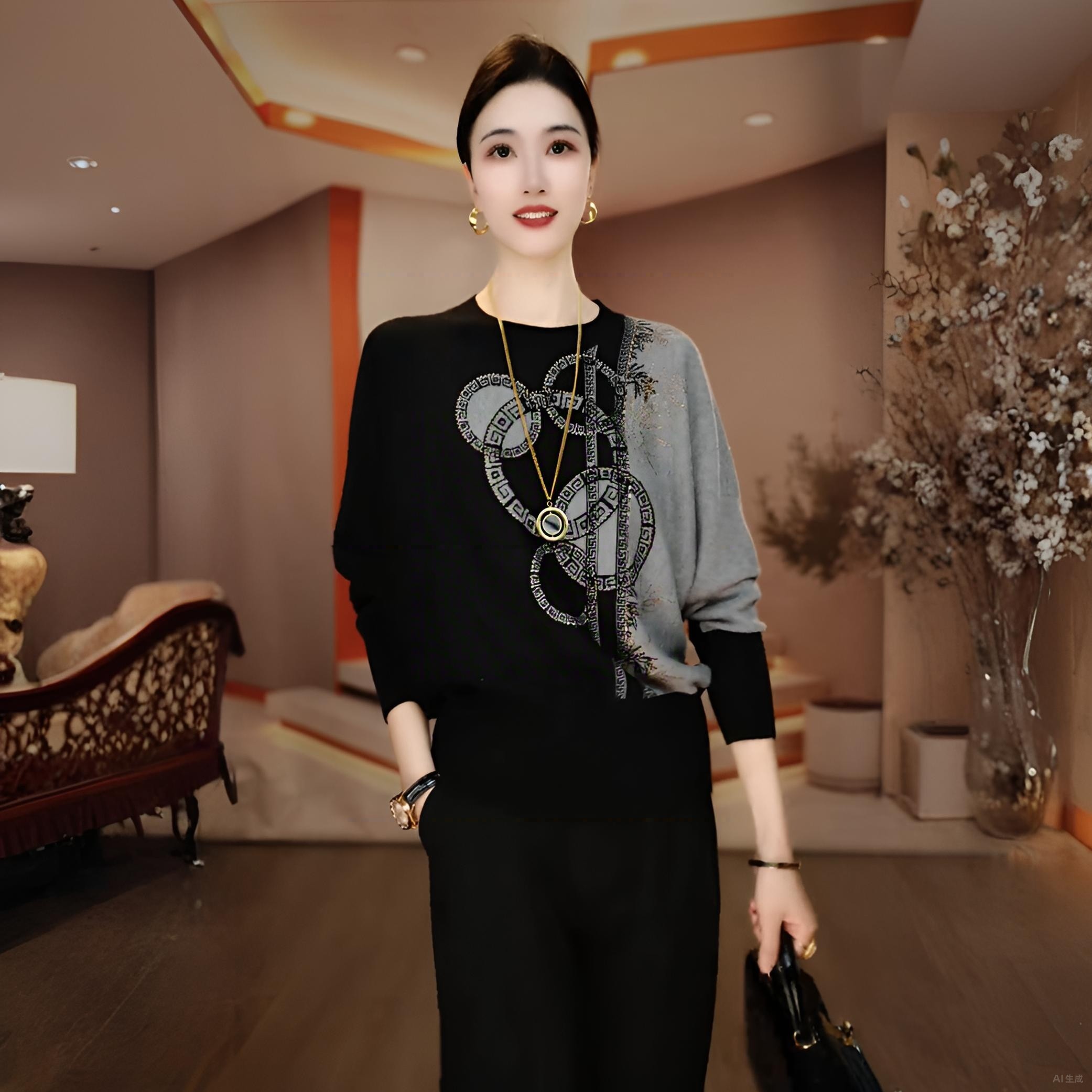 时尚气质提花烫钻黑色女士针织衫秋冬新款洋气减龄显瘦保暖打底衫