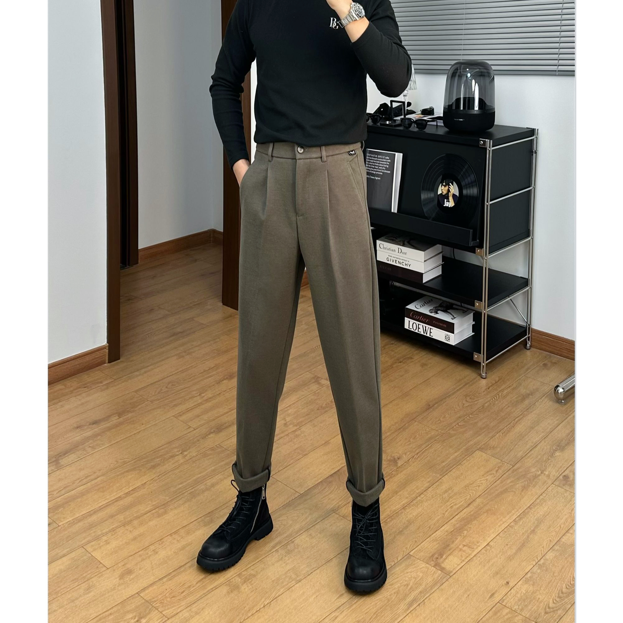 秋冬免烫抗皱百搭休闲裤九分裤男士百搭直筒锥形西裤星空毛呢长裤