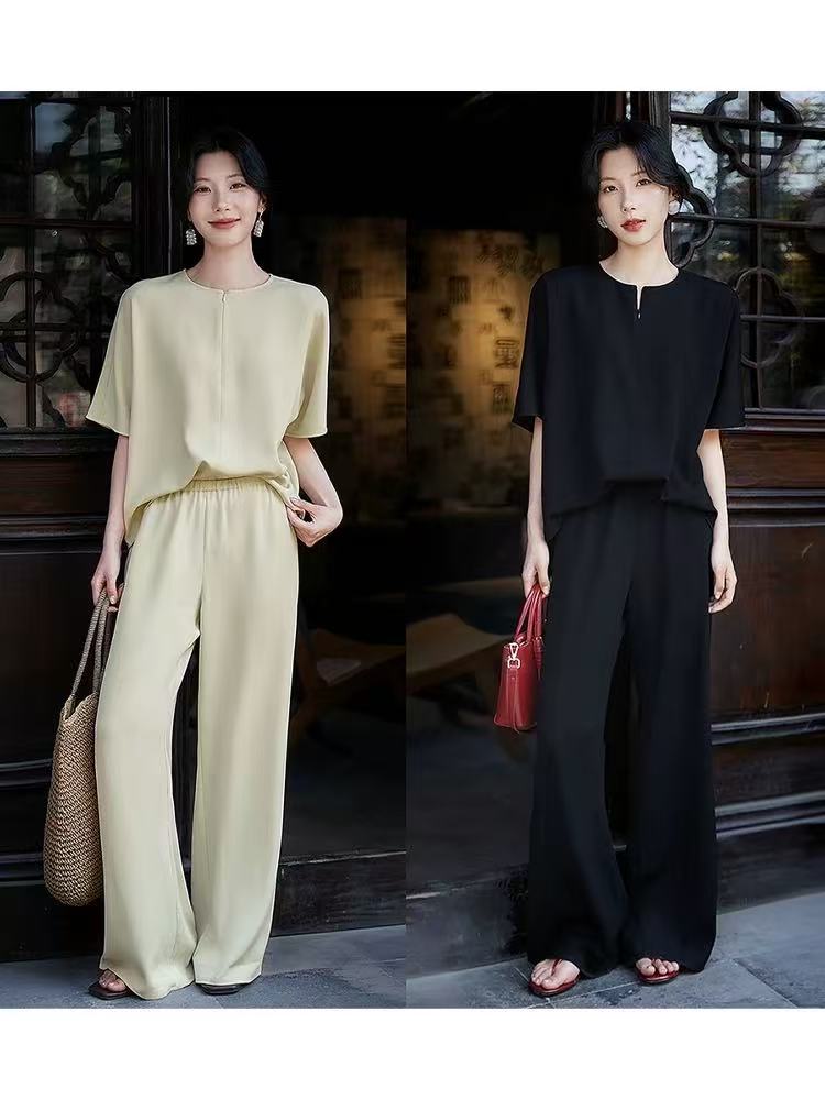 夏季气质短袖时尚套装韩版夏季上衣宽松洋气显瘦裤子阔腿裤高腰