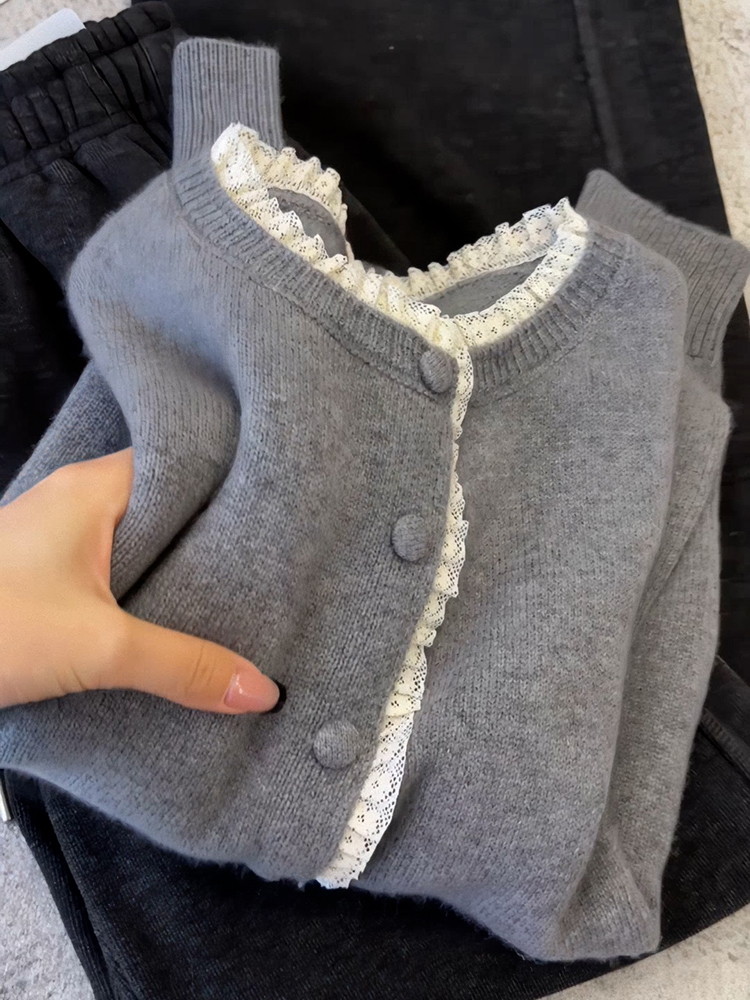 2025年秋冬新款蕾丝边针织毛衣开衫外套女休闲时尚高级感别致上衣