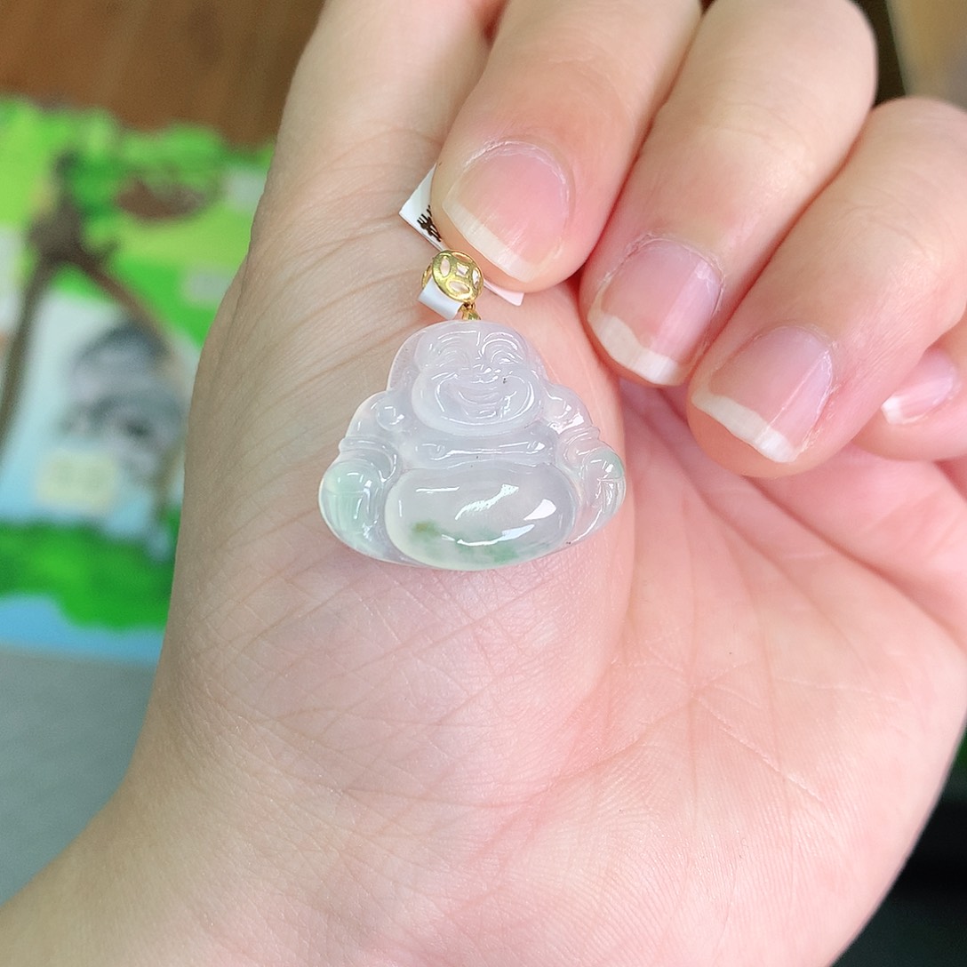 翡翠颈饰18K金镶嵌冰胶飘绿佛公18.5*29*4