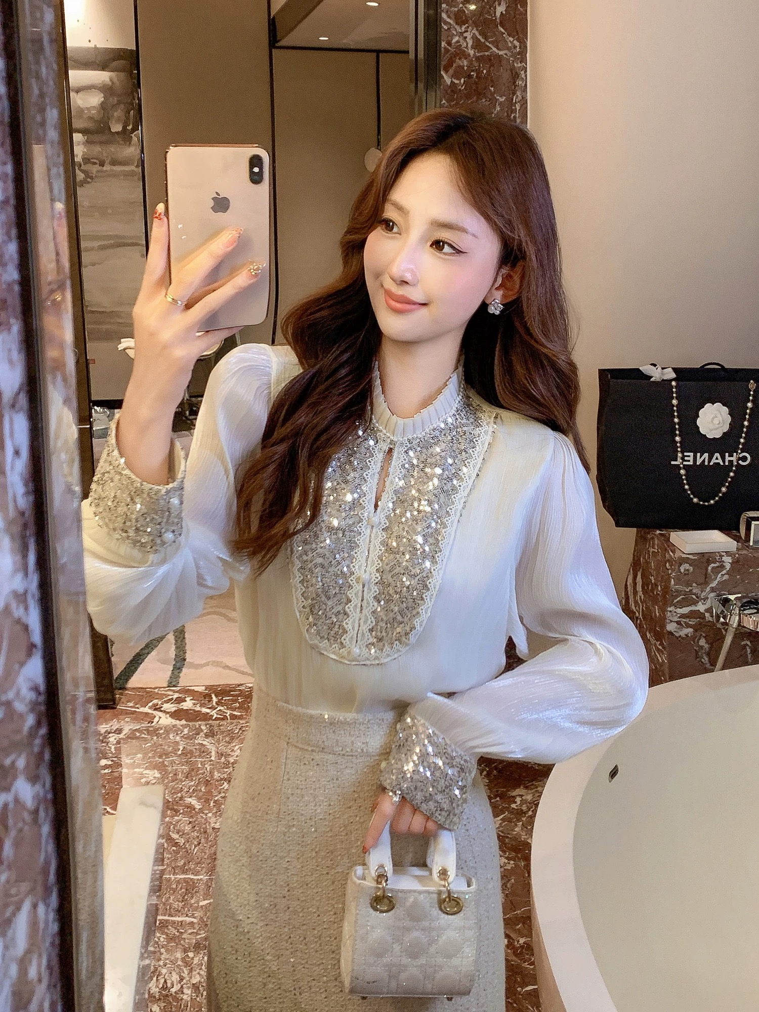 高级感小众拼接亮片衬衫女2025春装新款仙气上衣