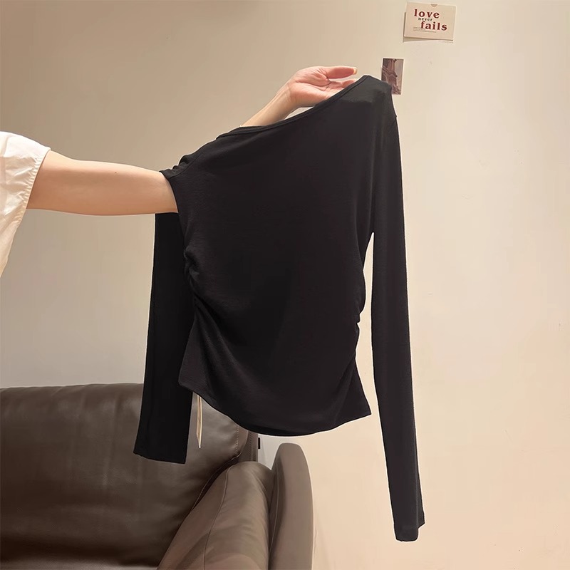 黑色斜肩长袖T恤女2025年春秋季新款内搭褶皱收腰辣妹打底衫上衣