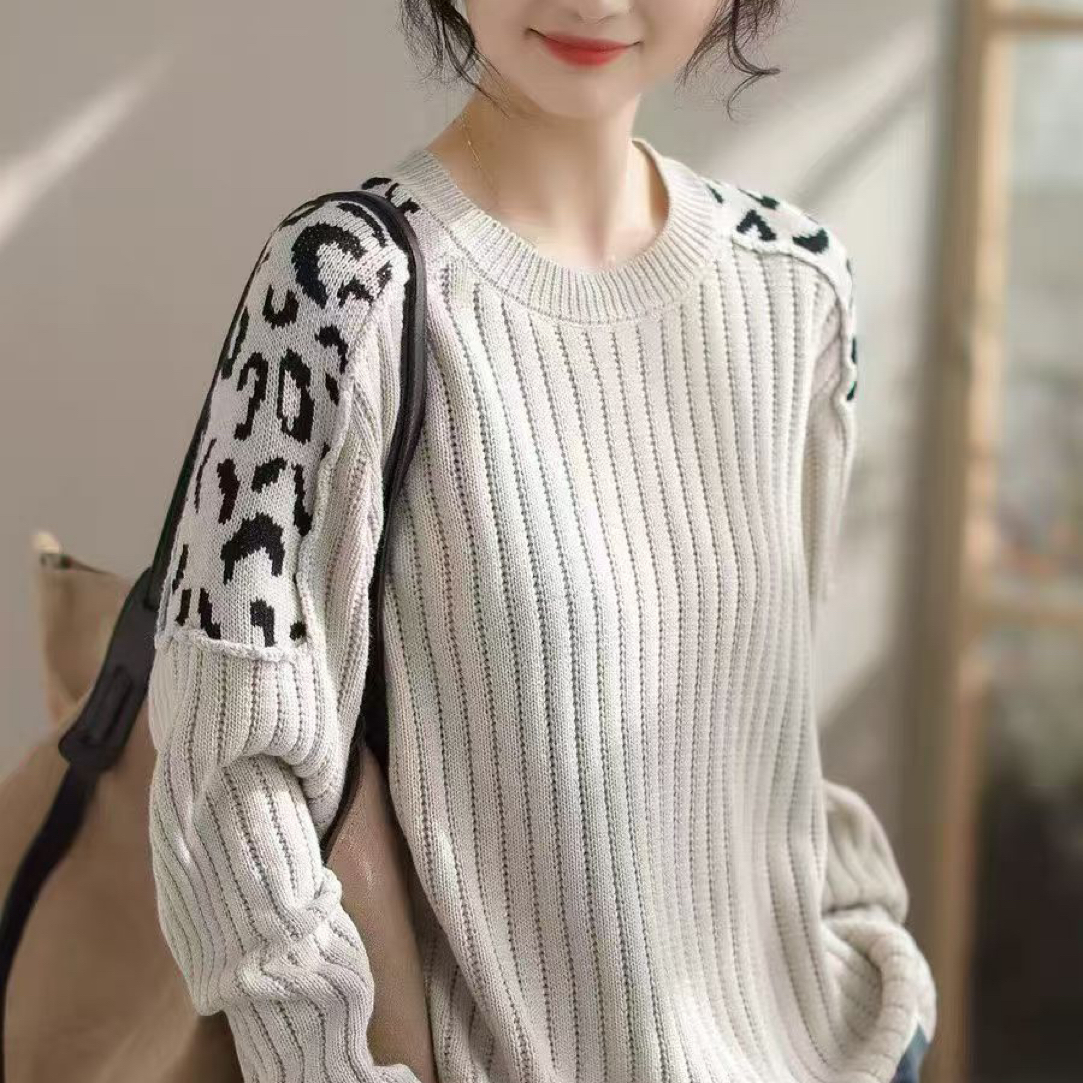 0202款春季慵懒风宽松百搭圆领纯色纯棉针织衫【衣长58胸围135