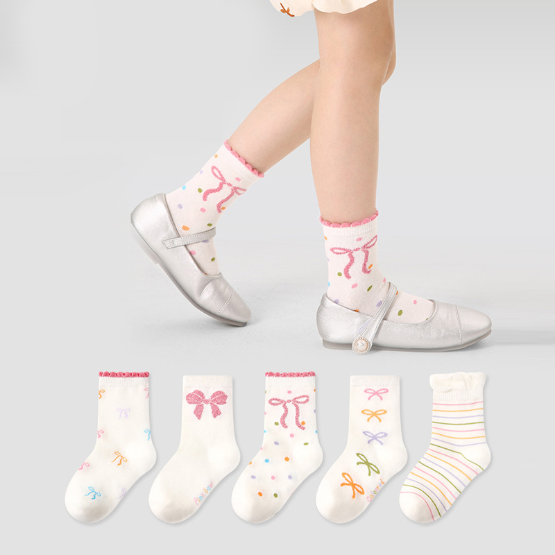 女童袜子春夏季薄款花边蝴蝶结公主棉袜花边女孩宝宝中筒袜