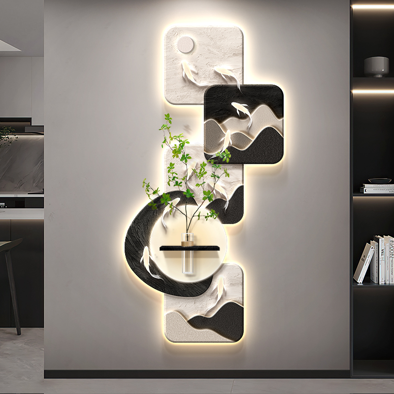 玄关装饰画九鱼招财墙画走廊过道精雕挂画正对门入户轻奢精雕壁画