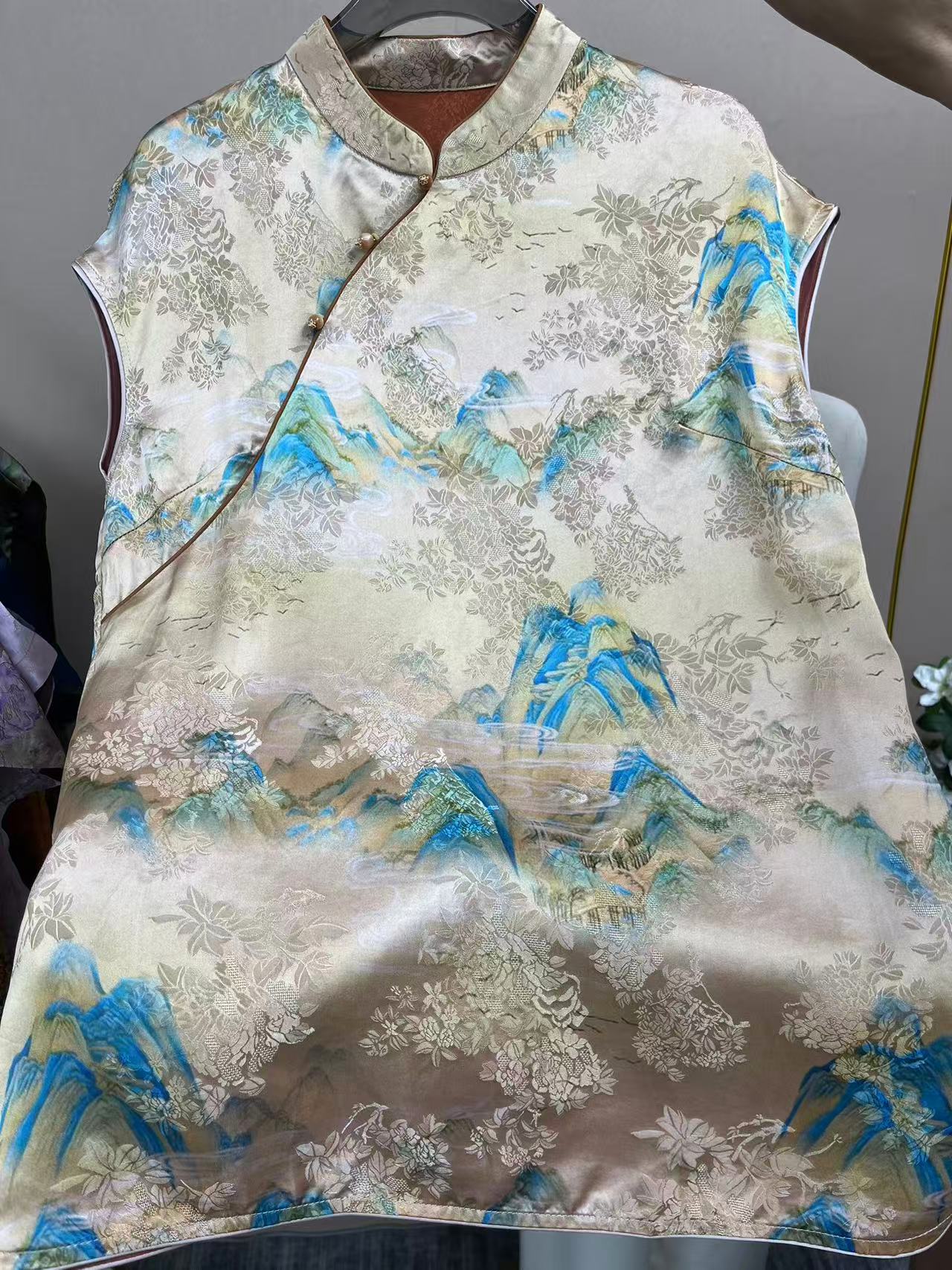 【江山图-奥黛】100桑蚕丝国风立领无袖斜襟百搭宽松女士外穿上衣