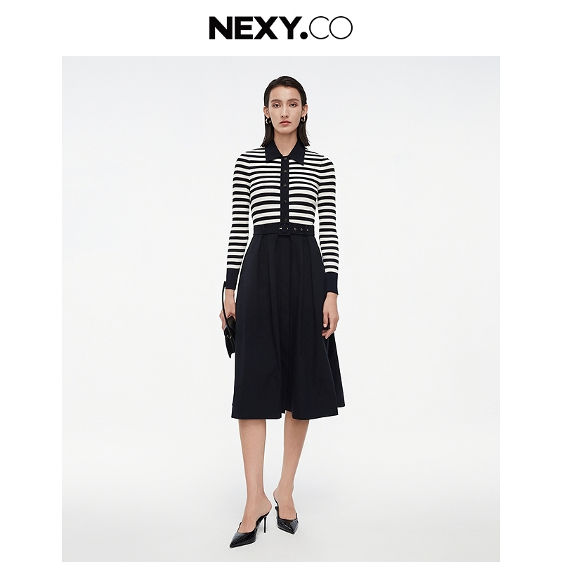 NEXY.CO/奈蔻连衣裙长袖针织黑色条纹黑白拼接撞色秋季XF05195Q7
