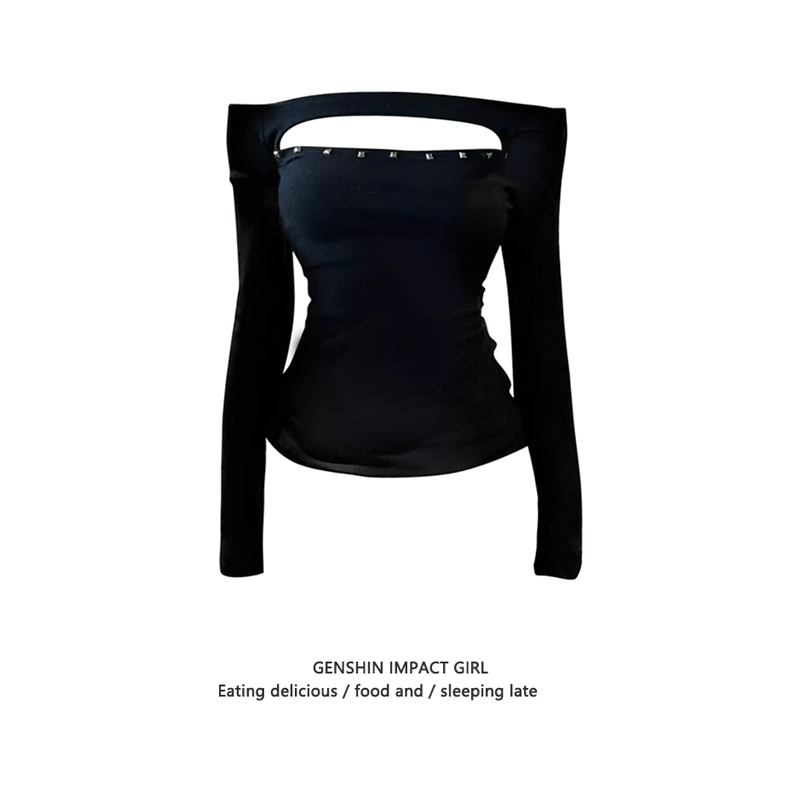 大码胖MM甜辣妹黑色镂空斜肩铆钉长袖t恤女秋季修身显瘦收腰上衣