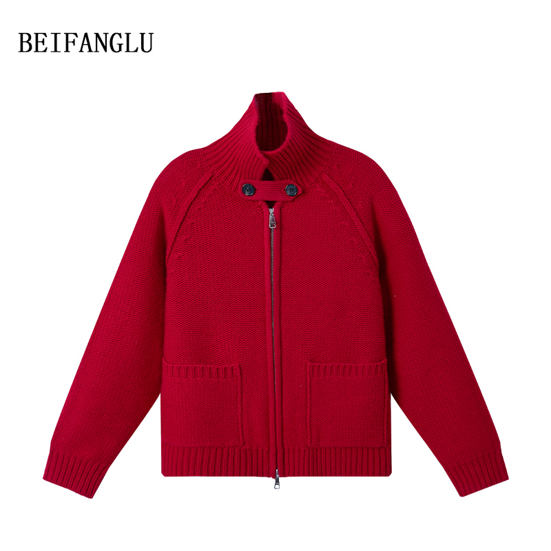 北方鹿 100%绵羊毛新年红毛衣拉链针织开衫外套251402