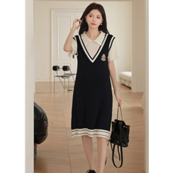 孕妇针织假两件学院V领连衣裙57327