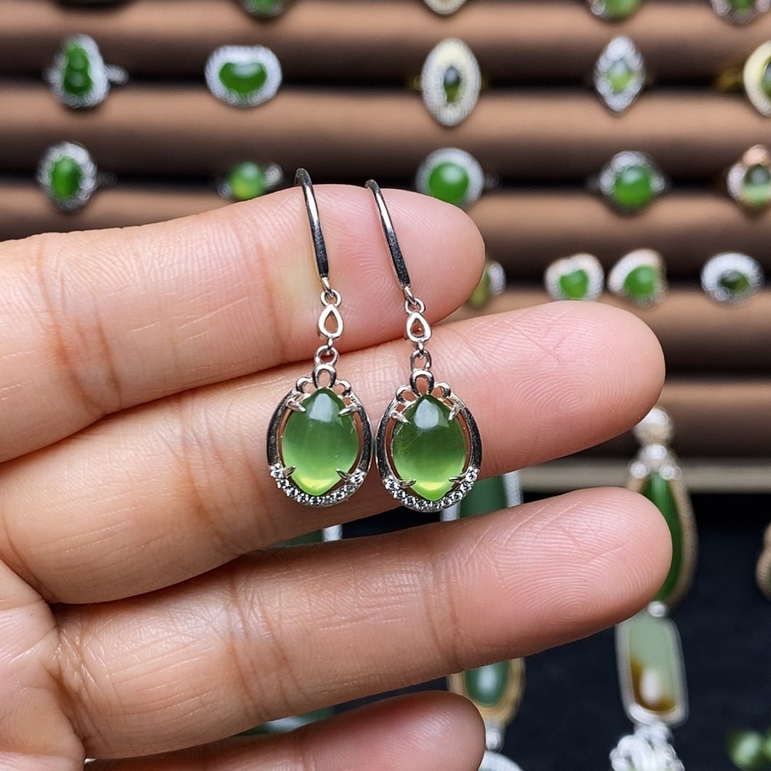 吊坠(不含链)银S925镶嵌和田玉（碧玉）耳饰