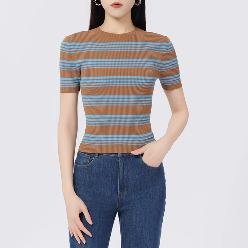{专柜}正品同款2025夏季新款百搭修身显瘦条纹圆领针织衫短袖女