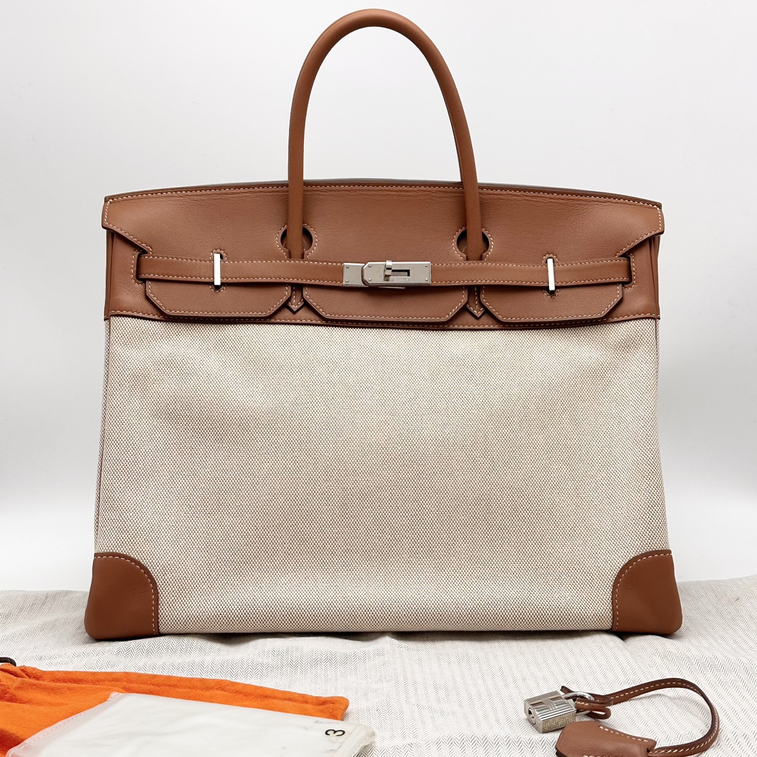 95新 Hermes/爱马仕 帆布拼皮银扣birkin40手提包 51193