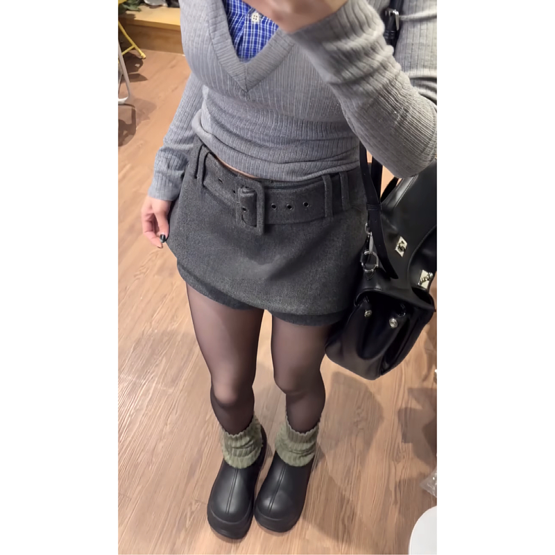 【清货】大码胖mm辣妹百搭灰色毛呢裙裤女秋冬新款高腰显瘦