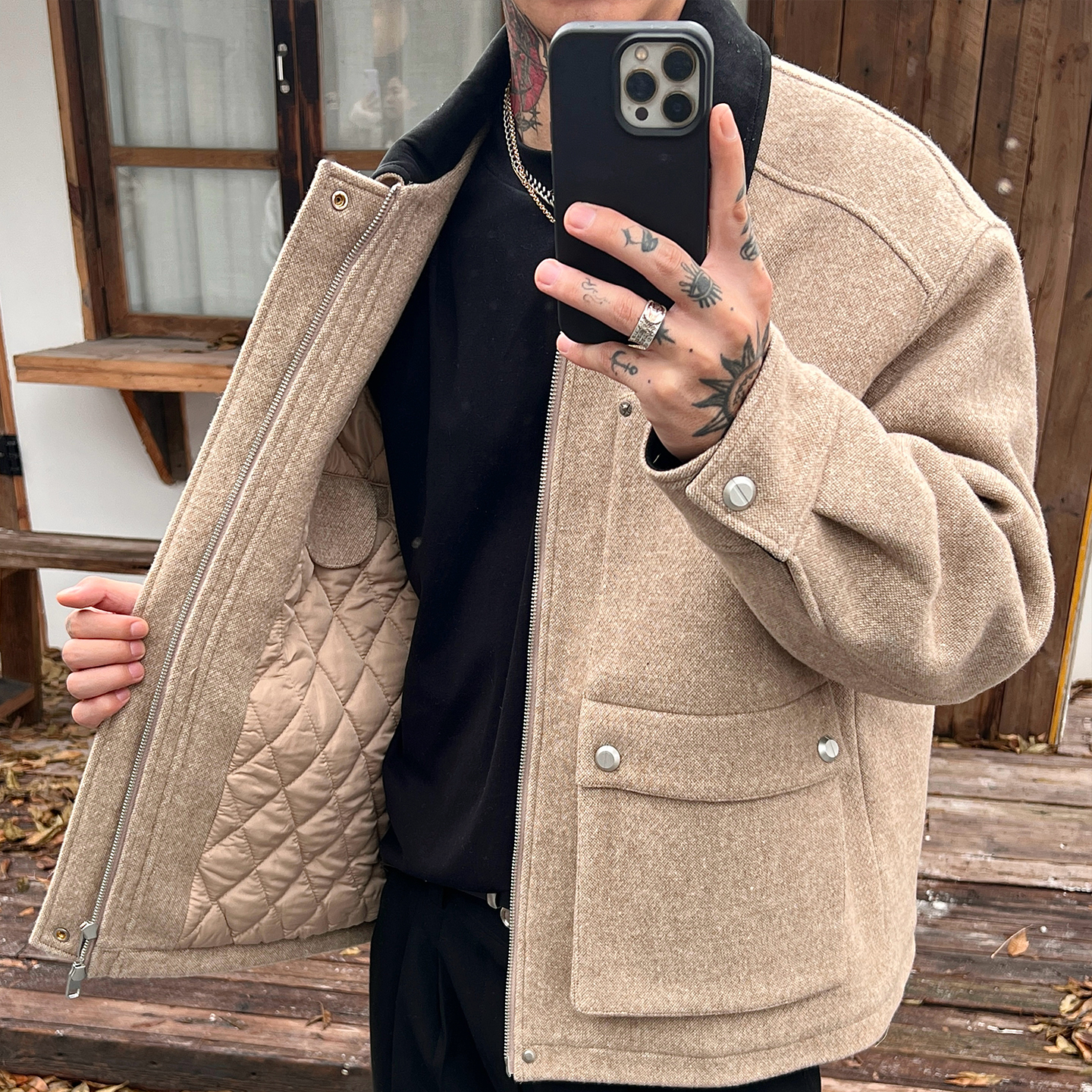 OXFREAK「撞色领 人字纹」大口袋毛呢棉服男冬季加厚保暖翻领外套