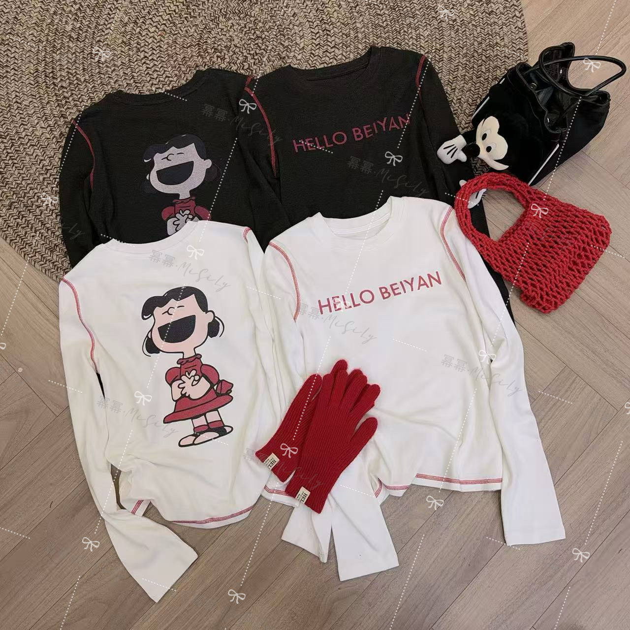 【开心女孩】时尚百搭显瘦秋冬新款长袖字母T恤女正肩上衣