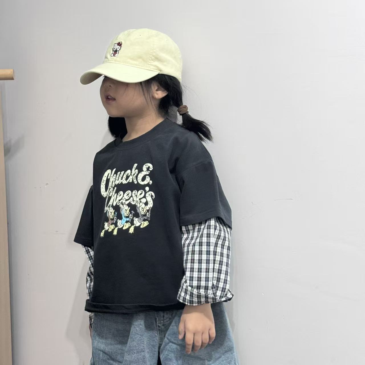 儿童t恤2025秋季新款童装卡通印花假两件男童女童格子拼色长袖