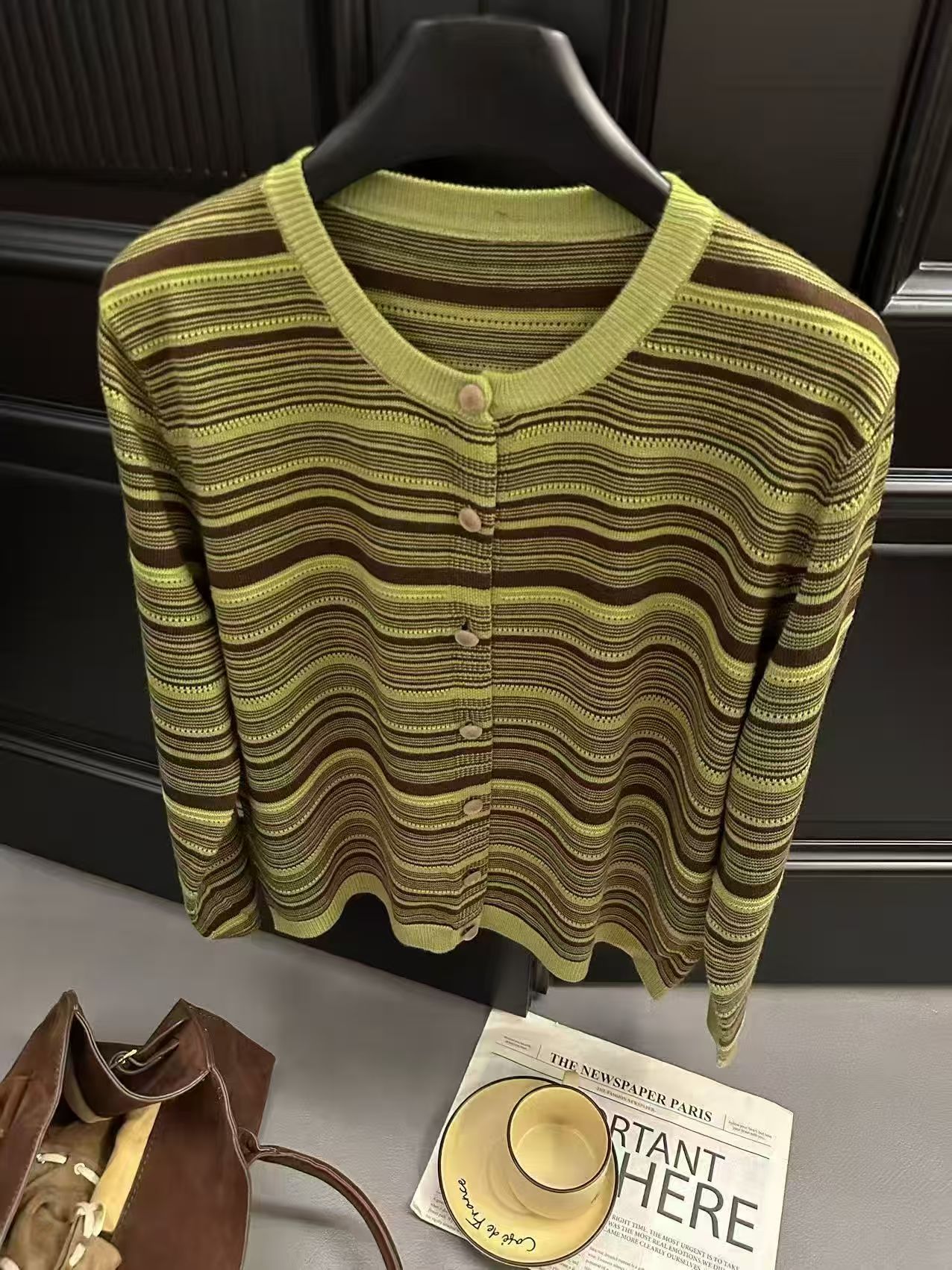 （三妹家）复古条纹长袖针织衫女2025新款早秋宽松显瘦圆领开衫上衣