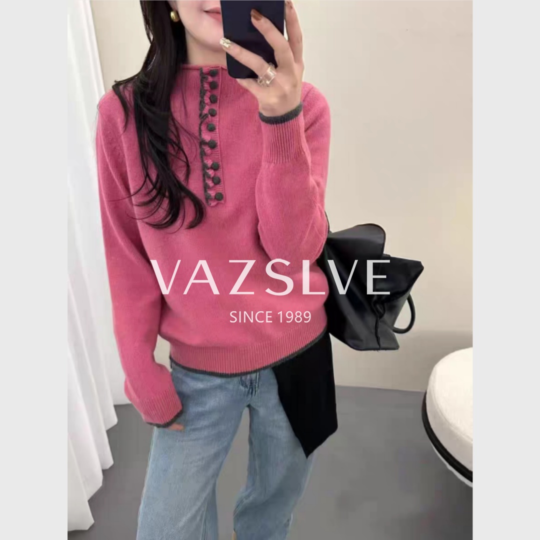 【VAZSLVE/全新奢品】捡漏 羊绒撞色边毛球扣针织毛衣msl1265