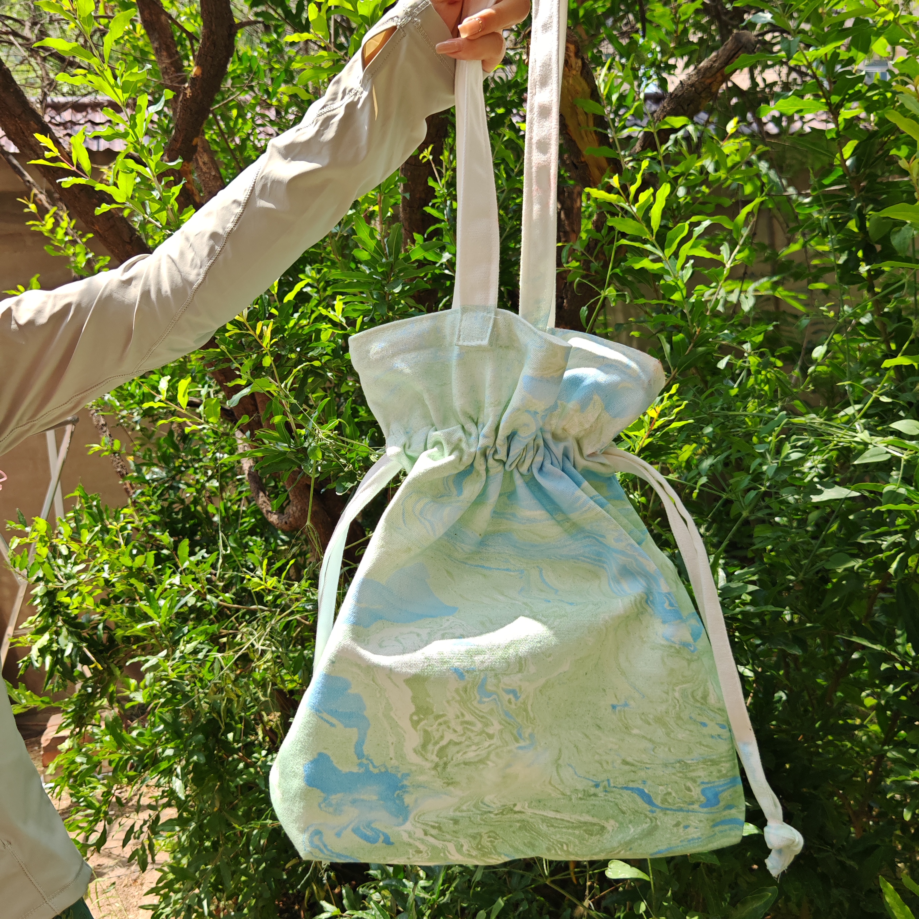 非遗漆染单肩帆布木耳边束口袋抽绳布袋简约大容量（可定制）