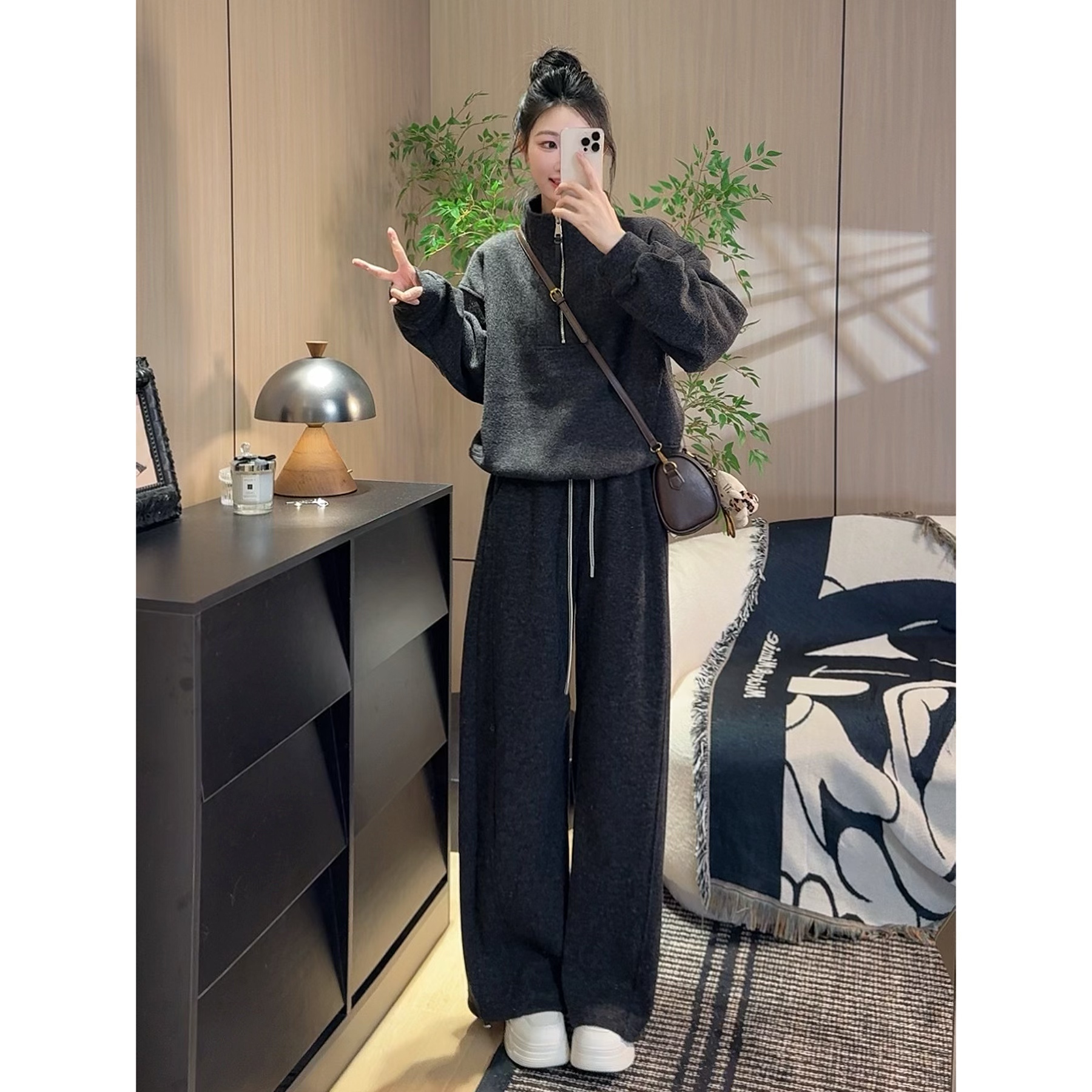 【mus订制】秋冬新款加绒加厚高领拉链外套两件套弯刀裤套装88997