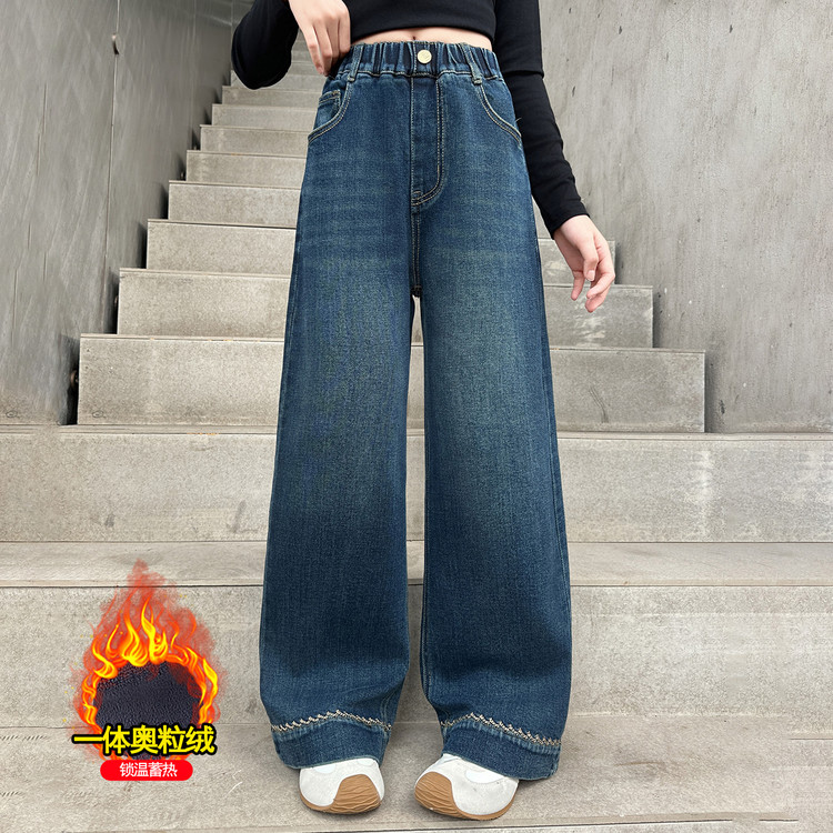 2025时尚女童6-14岁中大童百搭刺绣裤脚牛仔裤显瘦显高春秋款宽松