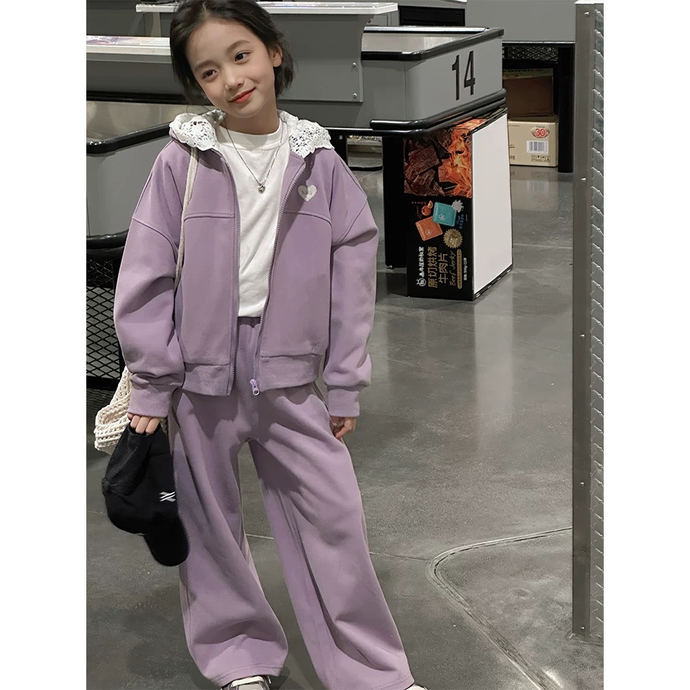 【断码清货】2025秋刺绣花边带帽拉链开衫女童套装 D133 133 W V