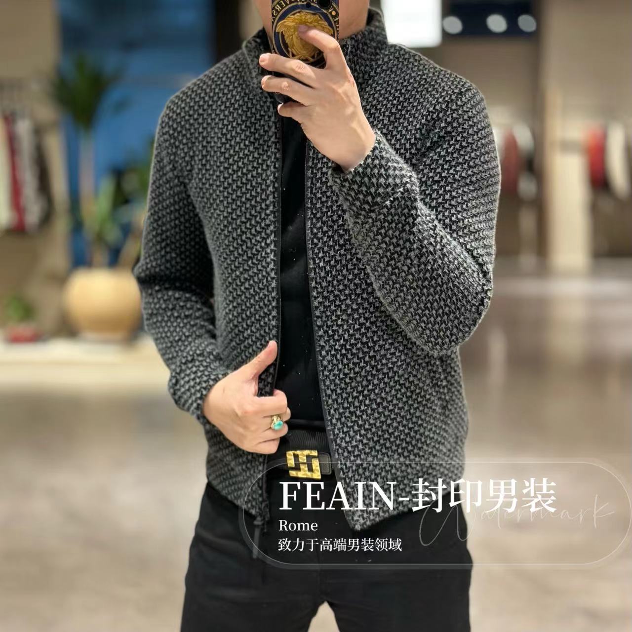 【雪尼尔花纱】高端定制雪尼尔花纱飞织男士加绒加厚针织衫JH670-1