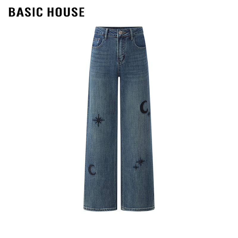 百家好/Basic House高腰刺绣烫钻阔腿牛仔裤女设计感长裤夏款2024