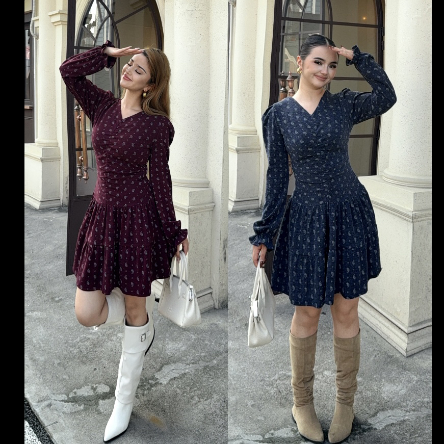 Rayhon早秋碎花长袖连衣裙高级感收腰设计气质显瘦