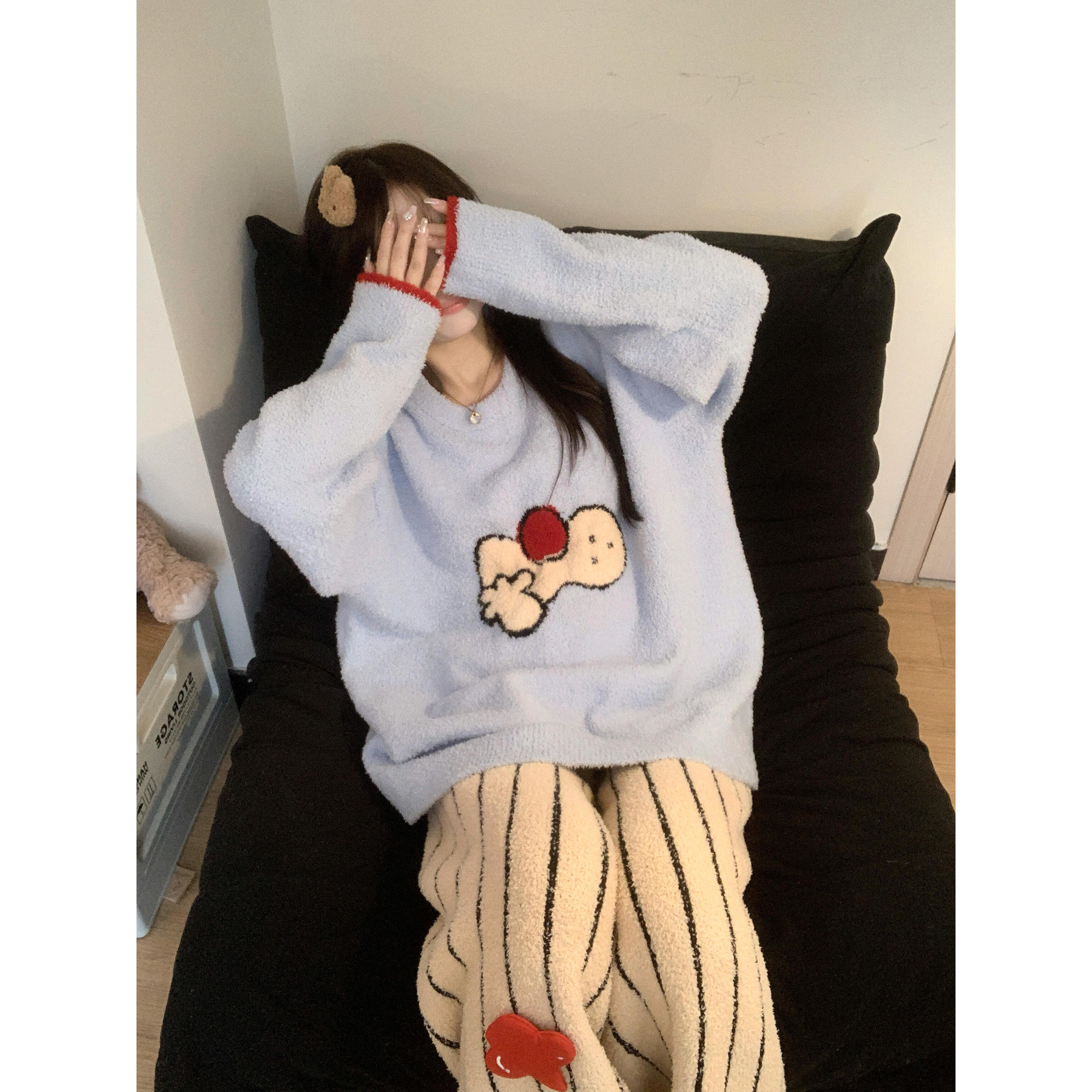 韩系温柔甜美可爱毛衣半边绒睡衣女款秋冬新款宽松家居服套装外穿