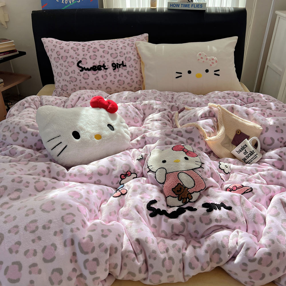 豹纹可爱kt牛奶绒四件套加绒双面绒被套冬季保暖加厚床品单人双人