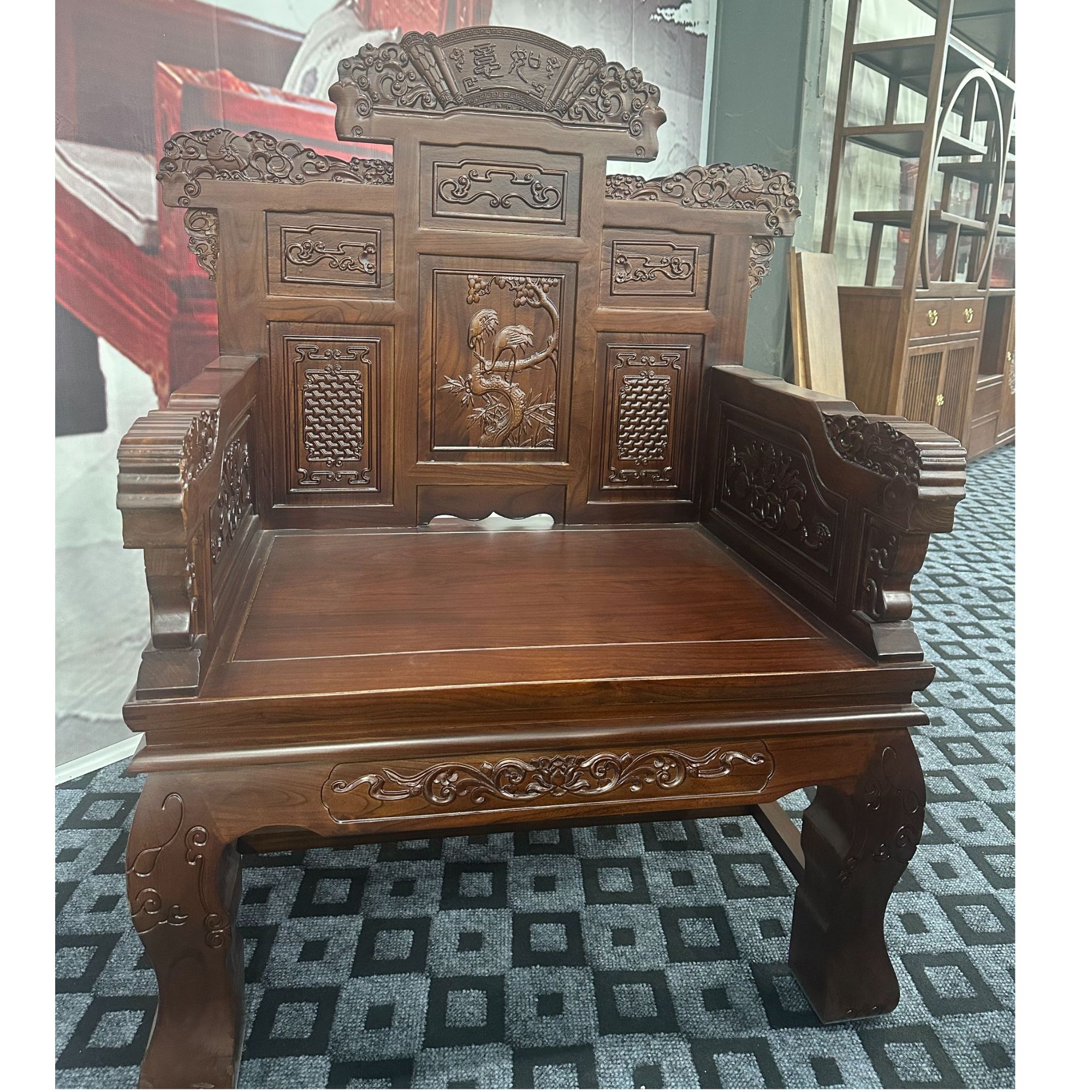 茶桌主人专用椅子中式老榆木实木老板椅古典家具太师椅雕花办公室