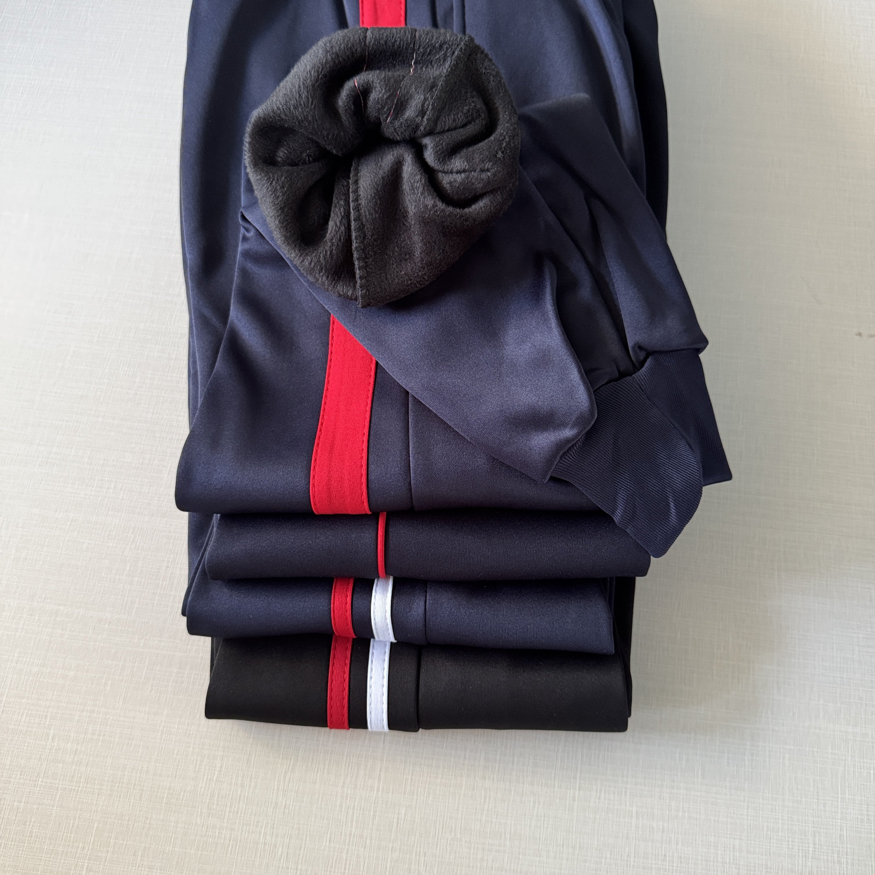 藏蓝色白红条加绒束脚学生校服裤子秋冬宽松休闲长裤保暖