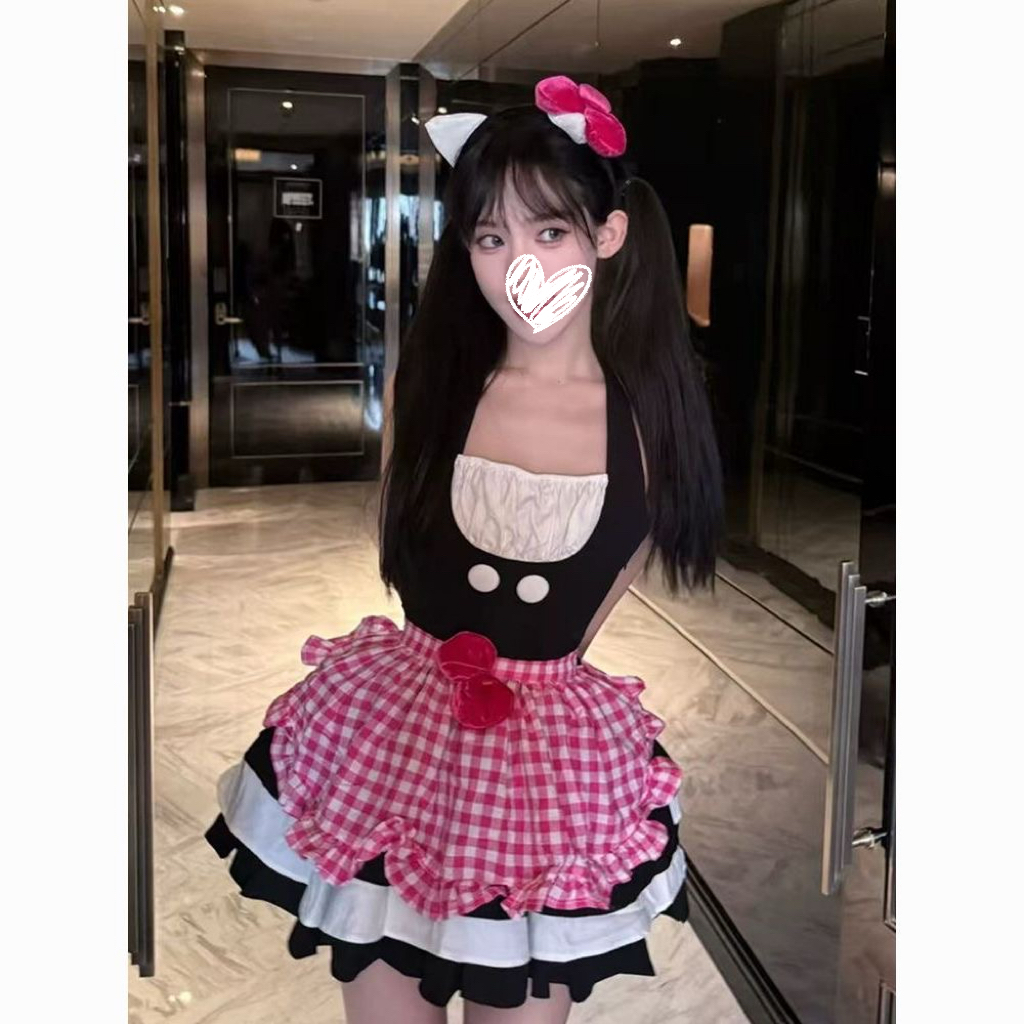 一口点心KT甜美风裙蝴蝶结围裙显瘦可爱套装纯欲风连衣裙