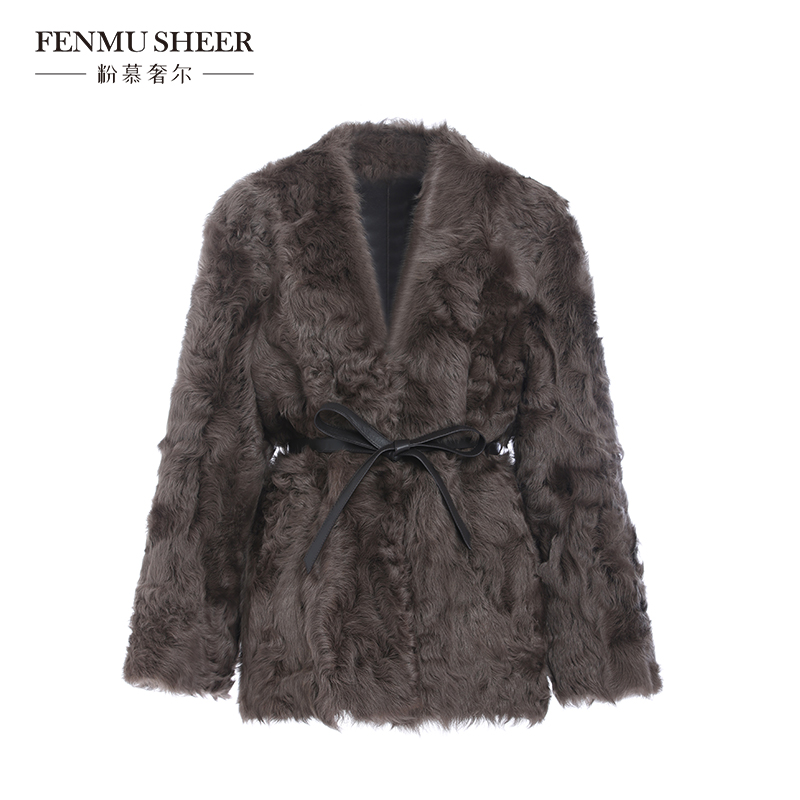 【丽公主专属】粉慕奢尔『软宝石』小湖羊皮草皮毛一体V领外套P7015