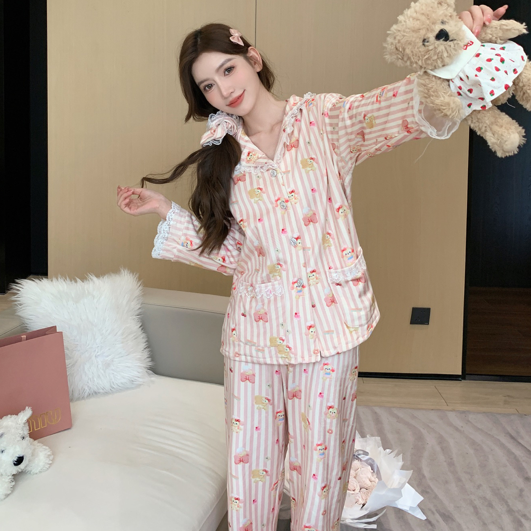 珍妮糖果屋—卡通甜美可爱少女条纹蕾丝花边海岛绒家居服秋冬套装