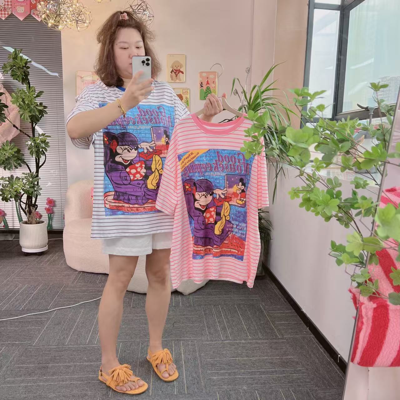 【纯熙+】夏季新款做旧不均匀印花条纹沙发小鼠短袖T恤女韩版宽松