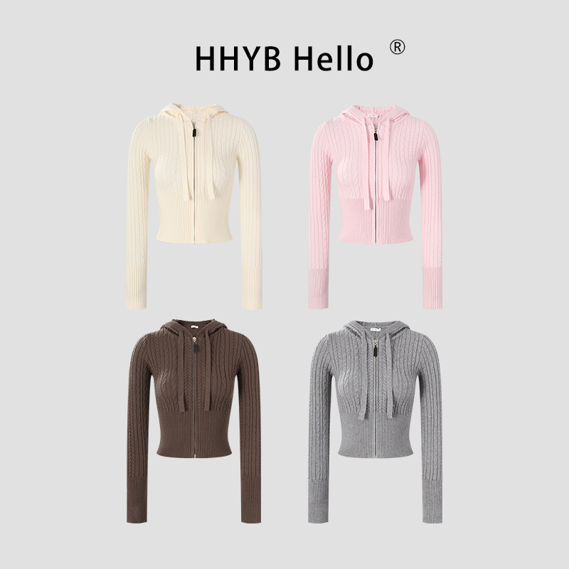 HHYB Hello美式复古连帽针织开衫上衣女2025新款显瘦上衣M1353