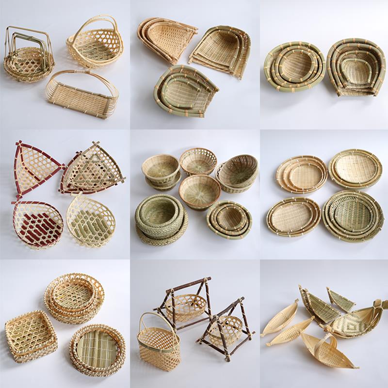 特色手工艺品青皮镂空小篮双层胖竹篓竹编收纳筐柳编簸箕