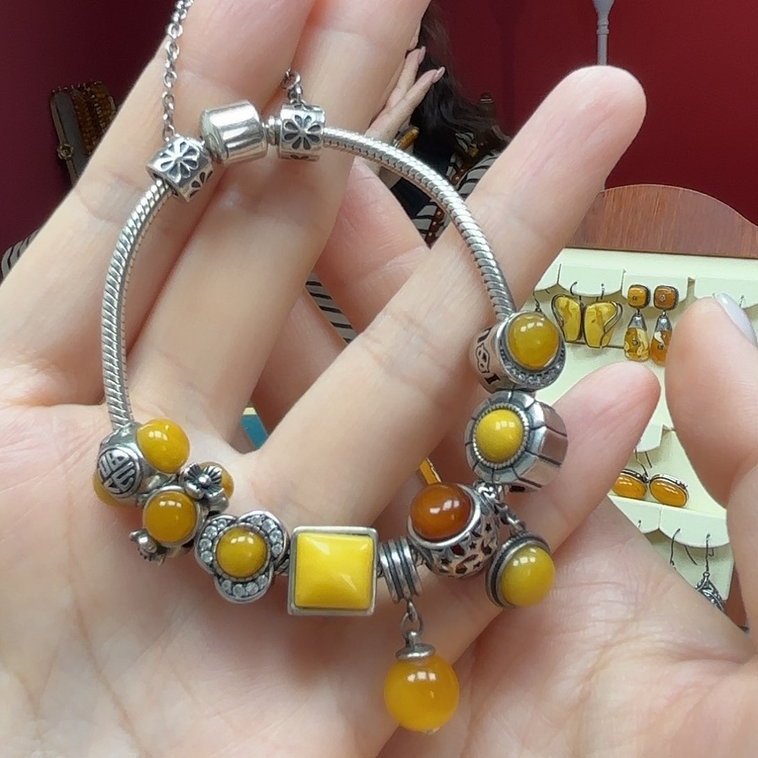 银S925镶嵌蜜蜡裸石20手链