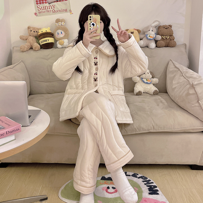 三层夹棉睡衣女秋冬季新款珊瑚绒可外穿加厚加绒保暖家居服套装63