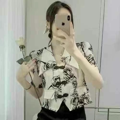 印花复古中式碎花衬衫夏季气质新款短袖宽松衬衣设计感