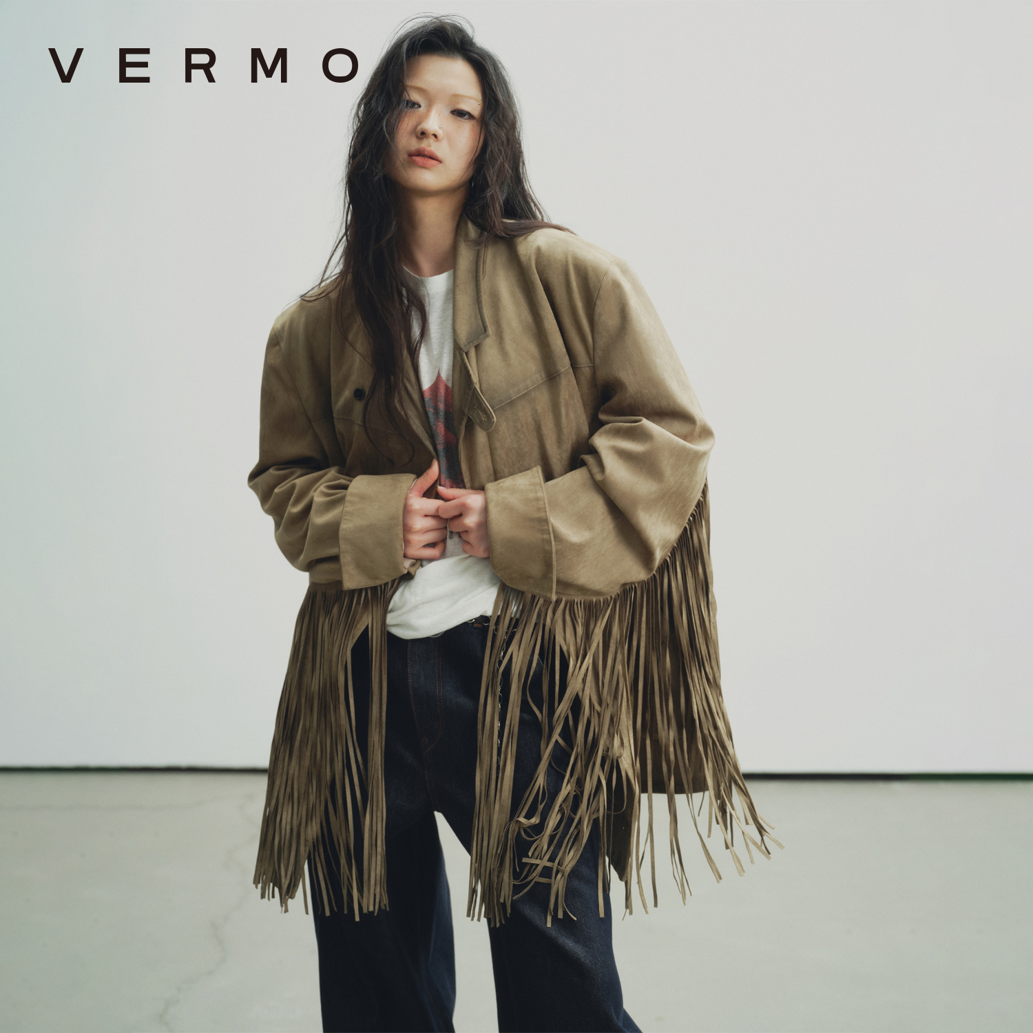 VERMO 古着灵感 复古做旧流苏宽松西装式夹克外套8444