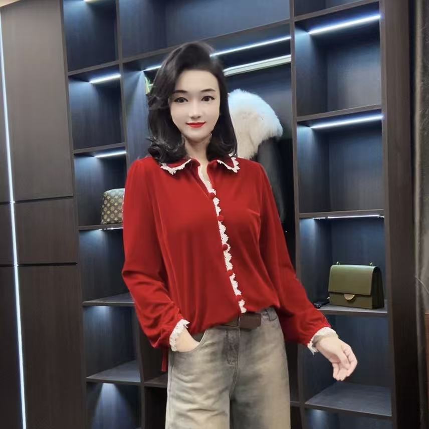 【峰姐优品】860【MD】蕾丝钩花边翻领丝绒衬衫