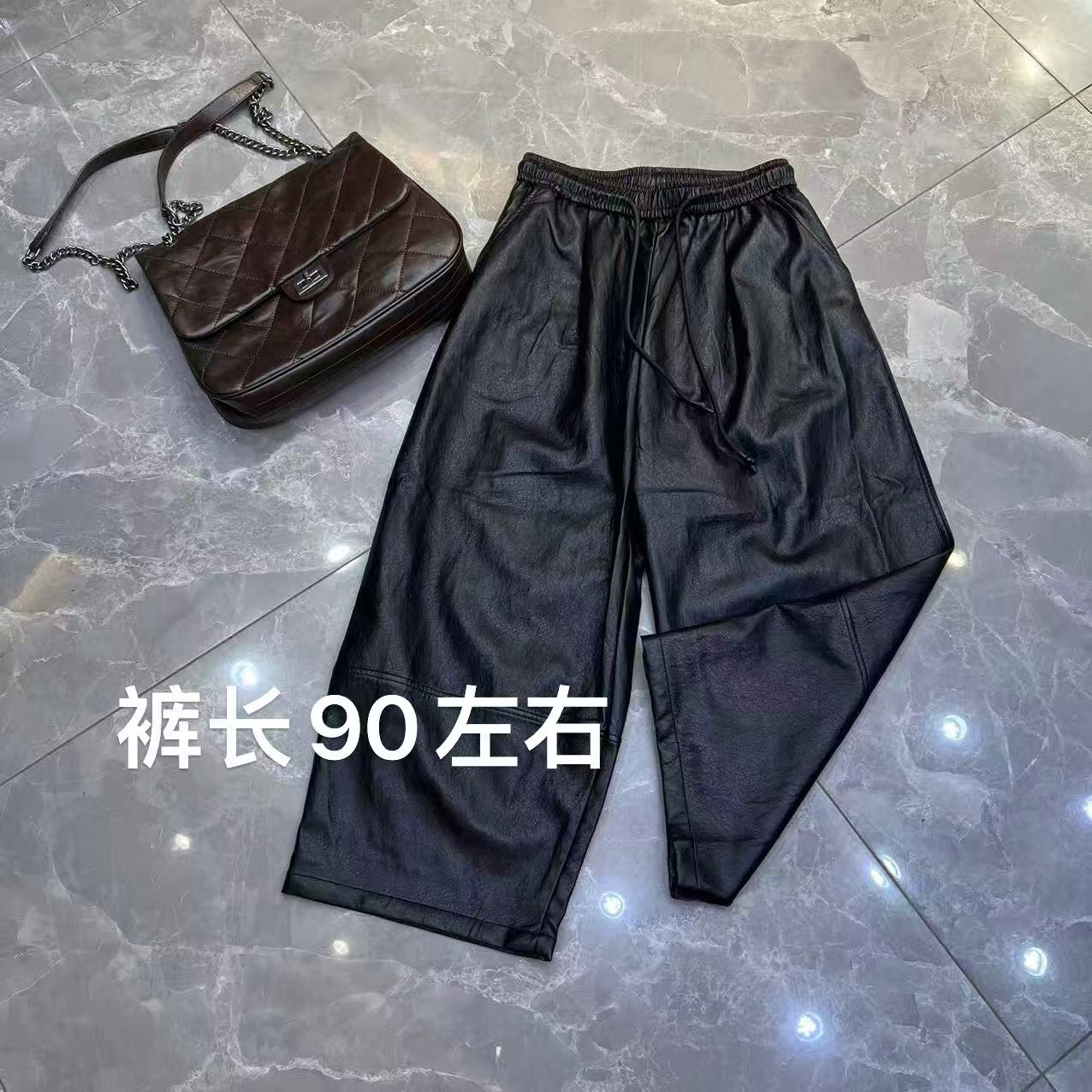 2902#松紧腰抽绳阔腿皮裤奶奶裤显瘦小皮裤