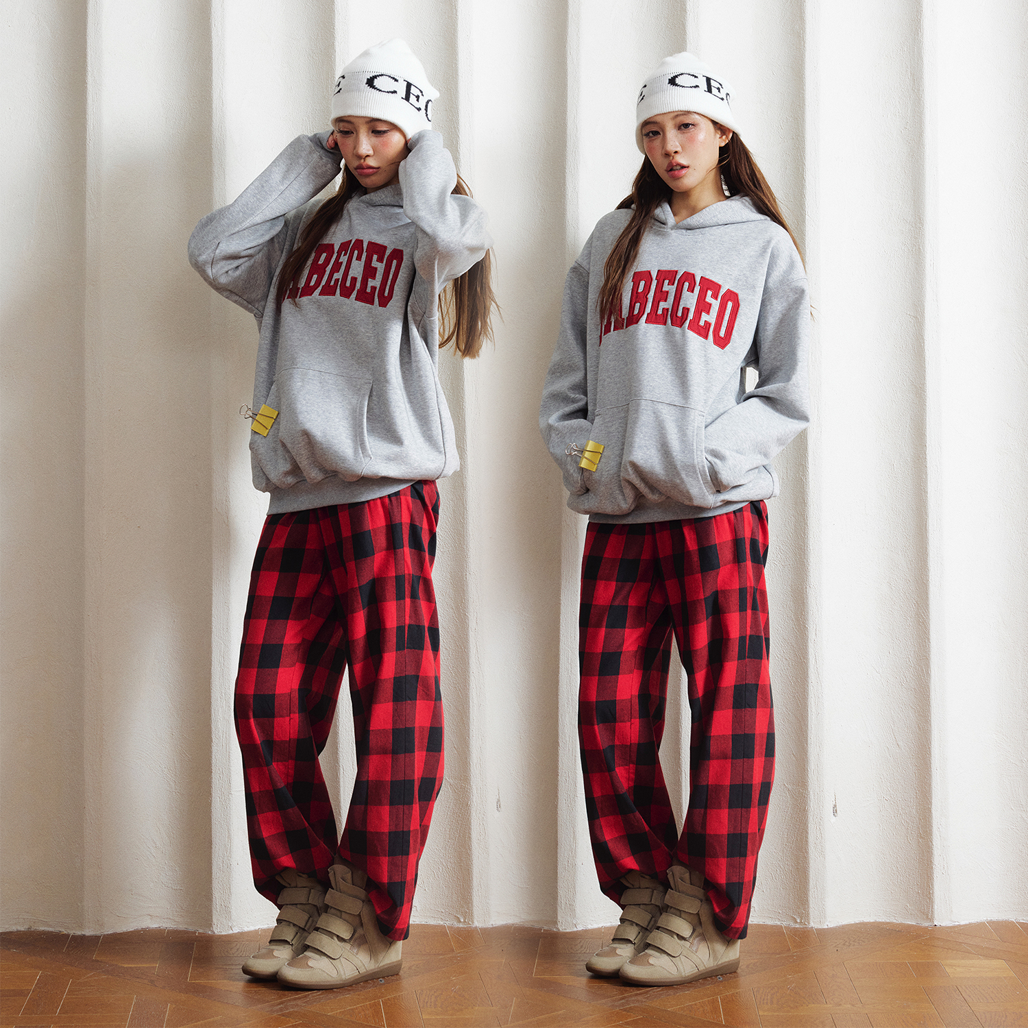 Babefish onze美式复古校园磨毛感家居慵懒休闲阔腿格纹百搭长裤